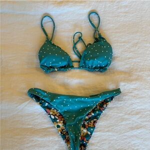 O'Neill Teal White Polka Dot Reversible Floral Triangle Bikini Set